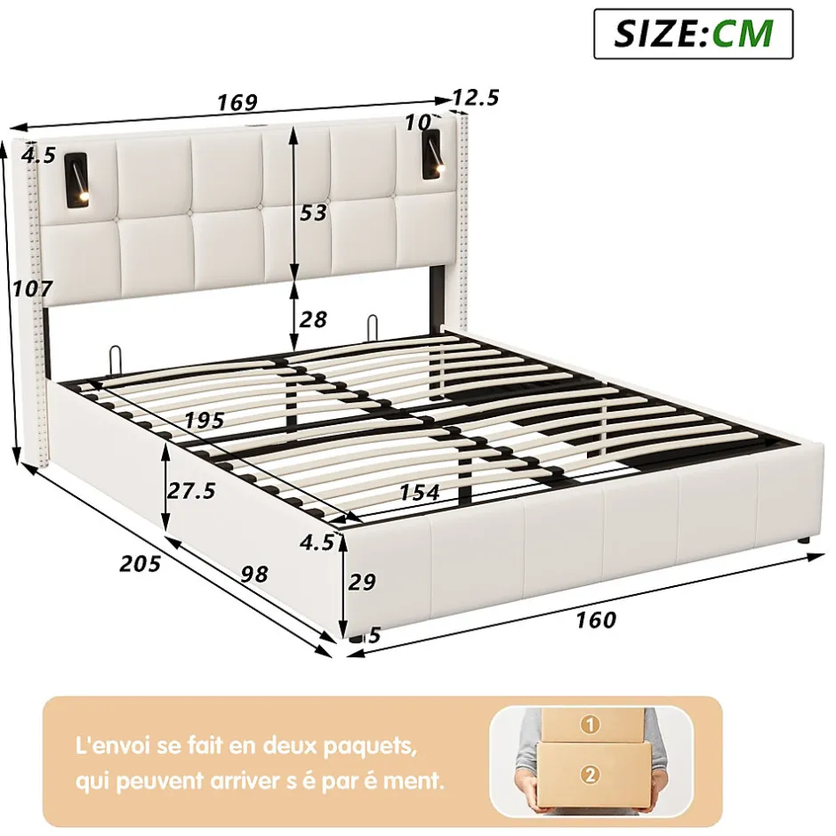 ProximaX Lit coffre 160x200 cm, Lit double avec rangement et sommier à lattes, tissu en velours, lumière de lecture, Beige