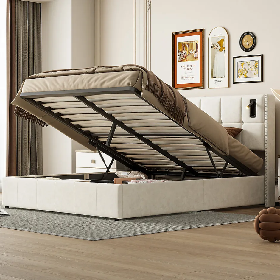 ProximaX Lit coffre 160x200 cm, Lit double avec rangement et sommier à lattes, tissu en velours, lumière de lecture, Beige
