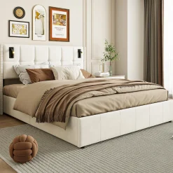 ProximaX Lit coffre 160x200 cm, Lit double avec rangement et sommier à lattes, tissu en velours, lumière de lecture, Beige