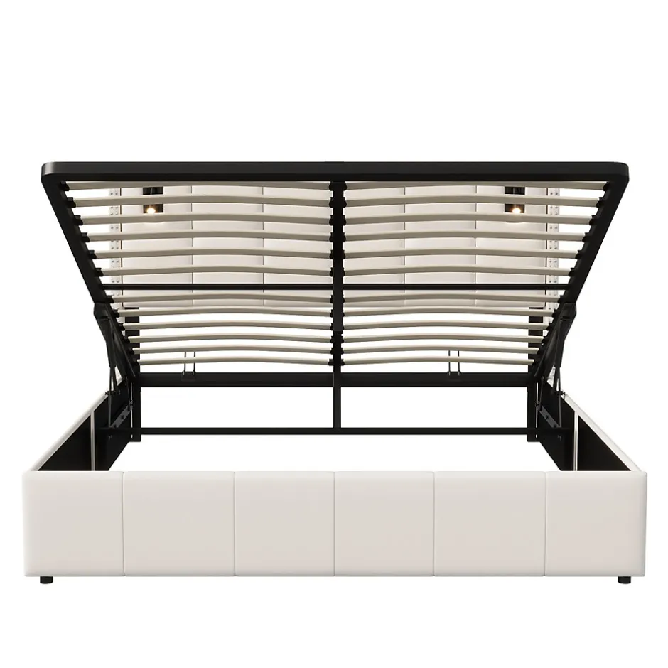 ProximaX Lit coffre 160x200 cm, Lit double avec rangement et sommier à lattes, tissu en velours, lumière de lecture, Beige