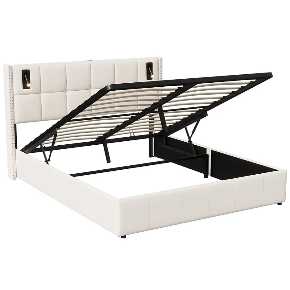 ProximaX Lit coffre 160x200 cm, Lit double avec rangement et sommier à lattes, tissu en velours, lumière de lecture, Beige