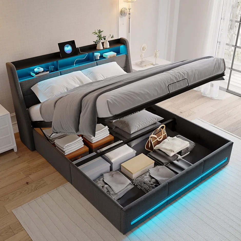 ProximaX Lit coffre 140x190 cm, Lit rembourré avec rangement hydraulique, LED et USB, tête de lit, Gris