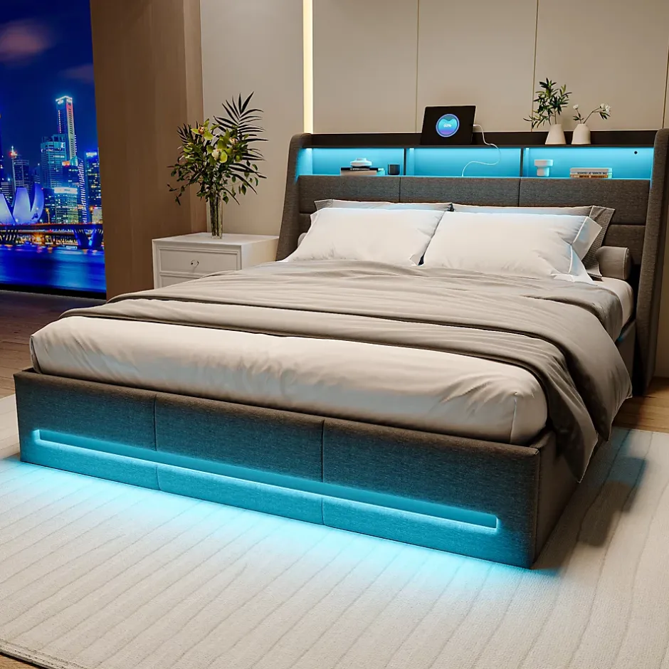 ProximaX Lit coffre 140x190 cm, Lit rembourré avec rangement hydraulique, LED et USB, tête de lit avec prise, Gris Hot