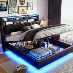 Simple Life Lit Coffre 160x200 cm PU Noir, LED, Charge USB, Rembourré, Rangement, Sommier à Lattes, Cadre, 2 Personnes Discount