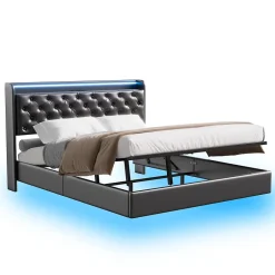 Simple Life Lit Coffre 160x200 cm PU Noir, LED, Charge USB, Rembourré, Rangement, Sommier à Lattes, Cadre, 2 Personnes Discount