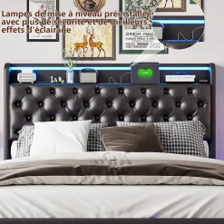 Simple Life Lit Coffre 160x200 cm PU Noir, LED, Charge USB, Rembourré, Rangement, Sommier à Lattes, Cadre, 2 Personnes Discount