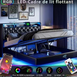 Simple Life Lit Coffre 160x200 cm PU Noir, LED, Charge USB, Rembourré, Rangement, Sommier à Lattes, Cadre, 2 Personnes Discount