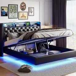 Simple Life Lit Coffre 160x200 cm PU Noir, LED, Charge USB, Rembourré, Rangement, Sommier à Lattes, Cadre, 2 Personnes Discount