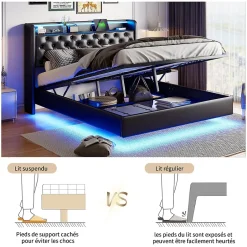 Simple Life Lit Coffre 160x200 cm PU Noir, LED, Charge USB, Rembourré, Rangement, Sommier à Lattes, Cadre, 2 Personnes Discount