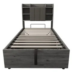 Okwish Lit Coffre 90x200 cm Simple avec Ports USB et Type-C Intégrés, Rangement Fonctionnel en Bois - Sans Matelas - Gris
