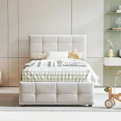 Okwish Lit Coffre 90x200 cm Simple Capitonné avec Coffre Hydraulique et Rangement, Lit Velours Beige avec Sommier à Lattes