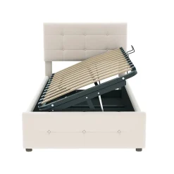 Okwish Lit Coffre 90x200 cm Simple Capitonné avec Coffre Hydraulique et Rangement, Lit Velours Beige avec Sommier à Lattes
