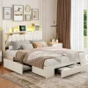 Simple Life Lit coffre 140x190 cm, sommier, tiroirs, tête de lit rembourrée, LED, USB/Type-C, velours beige (2 personnes).