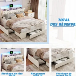 Simple Life Lit coffre 140x190 cm, sommier, tiroirs, tête de lit rembourrée, LED, USB/Type-C, velours beige (2 personnes).