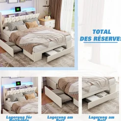 Simple Life Lit coffre 140x190 cm, sommier, tiroirs, tête de lit rembourrée, LED, USB/Type-C, velours beige (2 personnes).