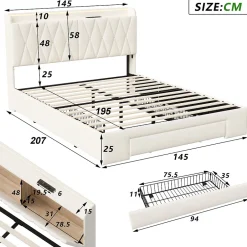 Simple Life Lit coffre 140x190 cm, sommier, tiroirs, tête de lit rembourrée, LED, USB/Type-C, velours beige (2 personnes).