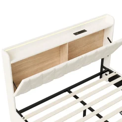 Simple Life Lit coffre 140x190 cm, sommier, tiroirs, tête de lit rembourrée, LED, USB/Type-C, velours beige (2 personnes).