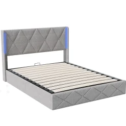 Fortuna lai Lit Coffre 160x200 cm, Tête de lit avec LED, lit Double avec sommier à Lattes,Velours,Beige
