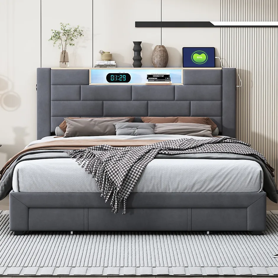 Simple Life Lit coffre 160x200 cm velours gris, vérins hydrauliques, tête de lit LED 7 couleurs, ports USB/Type-C, tiroirs de rangement.