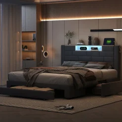 Simple Life Lit coffre 160x200 cm velours gris, vérins hydrauliques, tête de lit LED 7 couleurs, ports USB/Type-C, tiroirs de rangement.