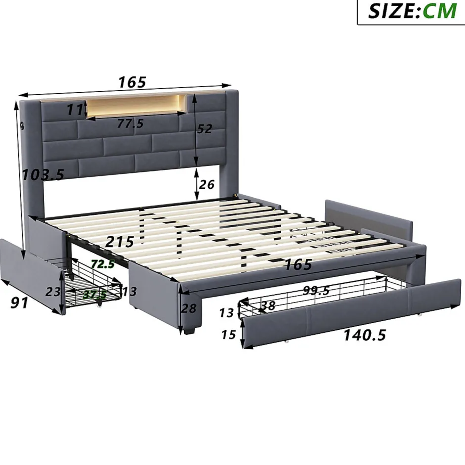 Simple Life Lit coffre 160x200 cm velours gris, vérins hydrauliques, tête de lit LED 7 couleurs, ports USB/Type-C, tiroirs de rangement.