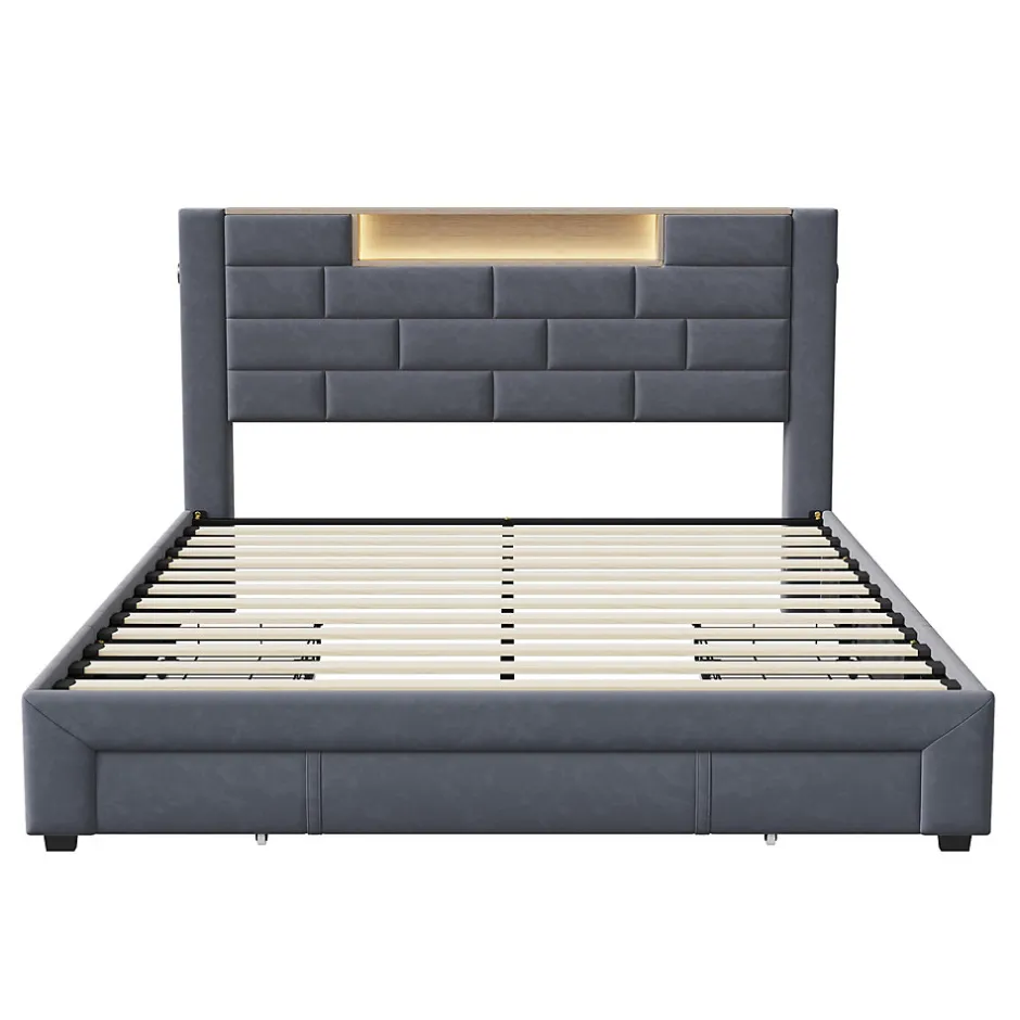 Simple Life Lit coffre 160x200 cm velours gris, vérins hydrauliques, tête de lit LED 7 couleurs, ports USB/Type-C, tiroirs de rangement.