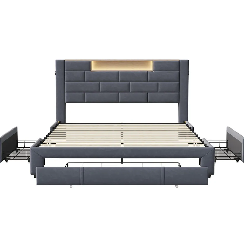 Simple Life Lit coffre 160x200 cm velours gris, vérins hydrauliques, tête de lit LED 7 couleurs, ports USB/Type-C, tiroirs de rangement.