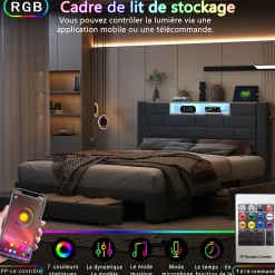 Simple Life Lit coffre 160x200 cm velours gris, vérins hydrauliques, tête de lit LED 7 couleurs, ports USB/Type-C, tiroirs de rangement.