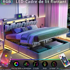 Simple Life Lit Coffre 160x200 cm Velours Gris, LED, Charge USB, Rembourré, Rangement, Tête de lit, Sommier à Lattes, 2 Personnes Best