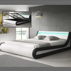 Design Ameublement Lit coffre 160x200 PARISINA blanc noir similicuir LED