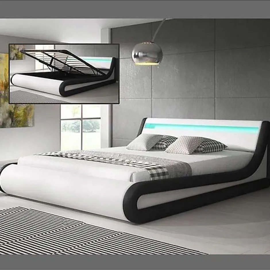 Design Ameublement Lit coffre 160x200 PARISINA blanc noir similicuir LED