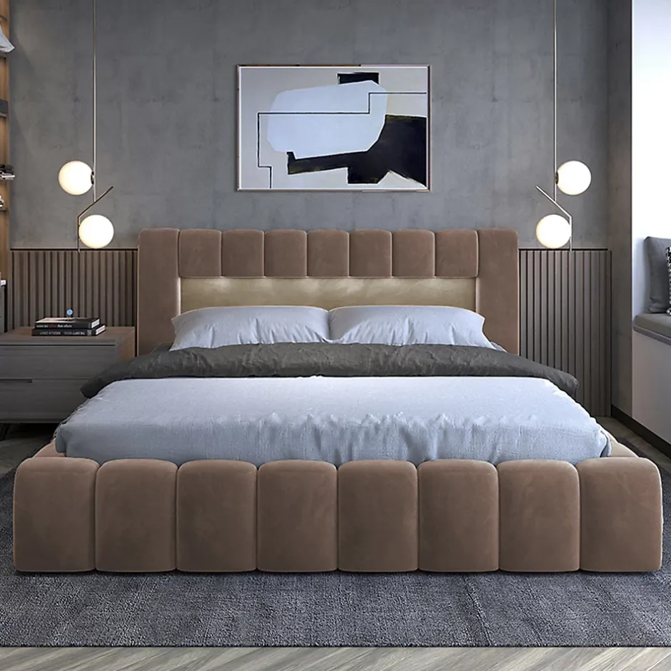 Petits-Meubles Lit coffre 160x200 sommier inclus Auria Velours Marron New