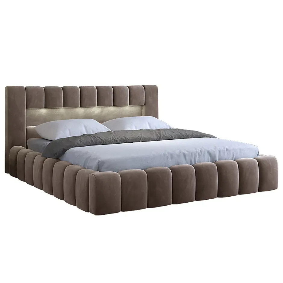 Petits-Meubles Lit coffre 160x200 sommier inclus Auria Velours Marron New
