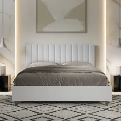 Ityhome Lit coffre 160x200 structure frêne blanc tête de lit mélamine blanc/simili cuir Kaia