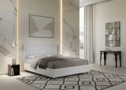 Ityhome Lit coffre 160x200 structure frêne blanc tête de lit mélamine blanc/simili cuir Kaia