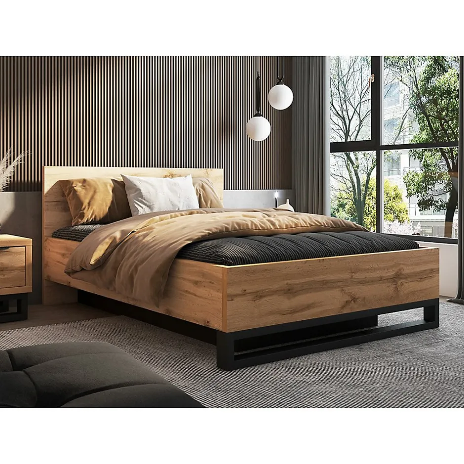 Meublorama Lit coffre 160x200 style industriel - Collection MILOS. Coloris chene brut et noir.
