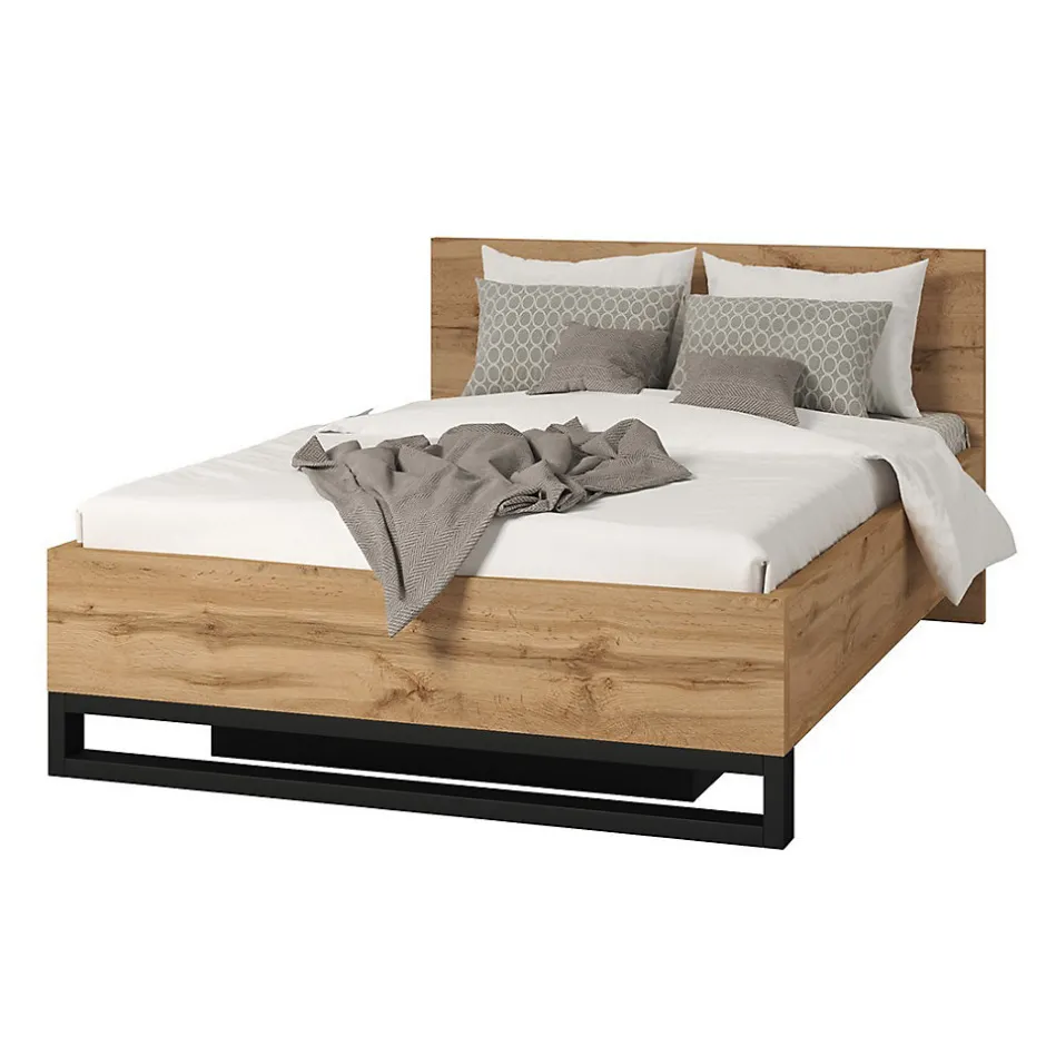 Meublorama Lit coffre 160x200 style industriel - Collection MILOS. Coloris chene brut et noir.