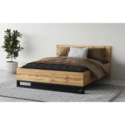 Meublorama Lit coffre 160x200 style industriel - Collection MILOS. Coloris chene brut et noir.