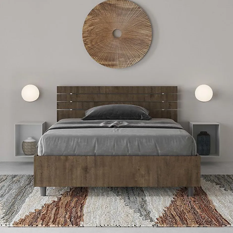 Ityhome Lit coffre 120x190 tête de lit droite à lattes en noyer Ankel