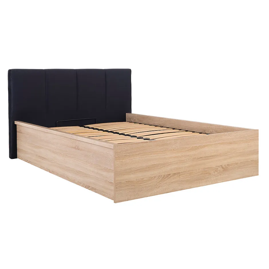 Petits-Meubles Lit coffre 140x200 tête de lit rembourree sommier inclus Edwin Bois Clair et Noir