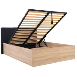 Petits-Meubles Lit coffre 140x200 tête de lit rembourree sommier inclus Edwin Bois Clair et Noir