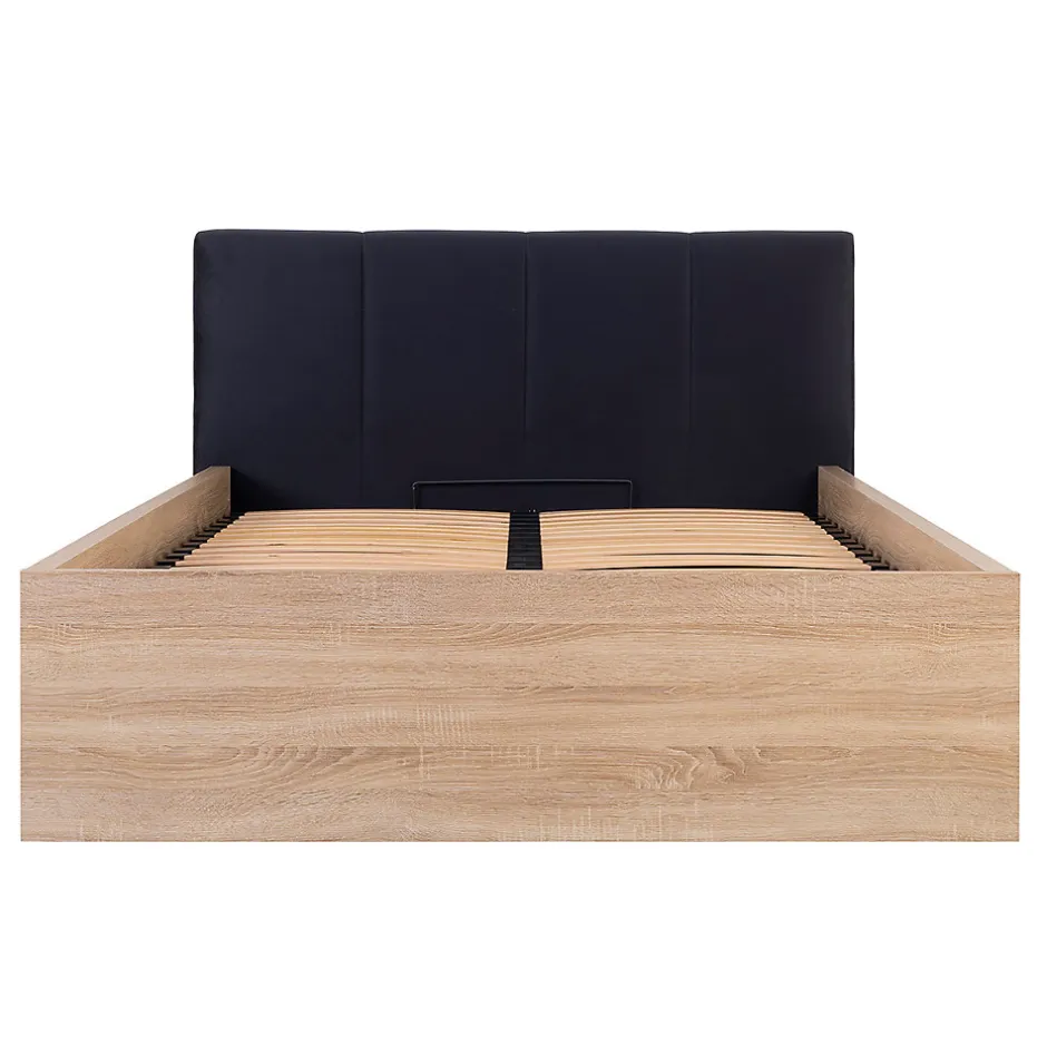 Petits-Meubles Lit coffre 140x200 tête de lit rembourree sommier inclus Edwin Bois Clair et Noir