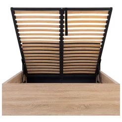 Petits-Meubles Lit coffre 140x200 tête de lit rembourree sommier inclus Edwin Bois Clair et Noir