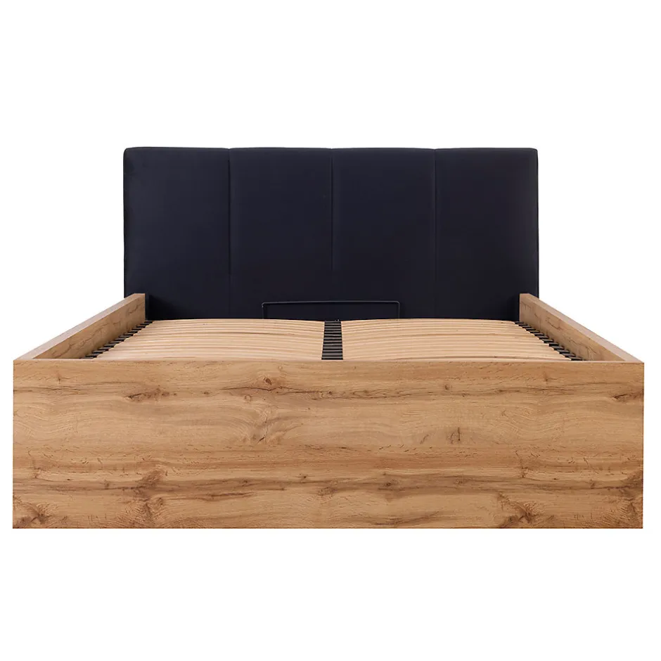 Petits-Meubles Lit coffre 140x200 tête de lit rembourree sommier inclus Edwin Bois et Noir