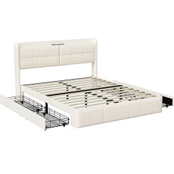 Simple Life Lit Coffre 160x200cm avec 4 tiroirs et USB et Type-C, Lit Double avec Sommier à Lattes, PU