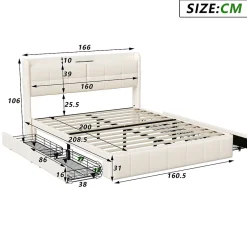 Simple Life Lit Coffre 160x200cm avec 4 tiroirs et USB et Type-C, Lit Double avec Sommier à Lattes, PU Sale