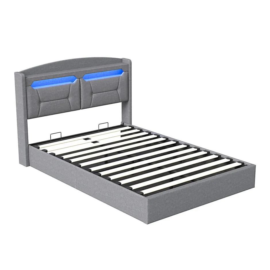Fortuna lai Lit coffre 140x200cm avec LED et ports USB, tête de lit rembourrée et espace de rangement, gris, lin
