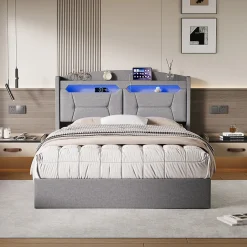 Fortuna lai Lit coffre 140x200cm avec LED et ports USB, tête de lit rembourrée et espace de rangement, gris, lin
