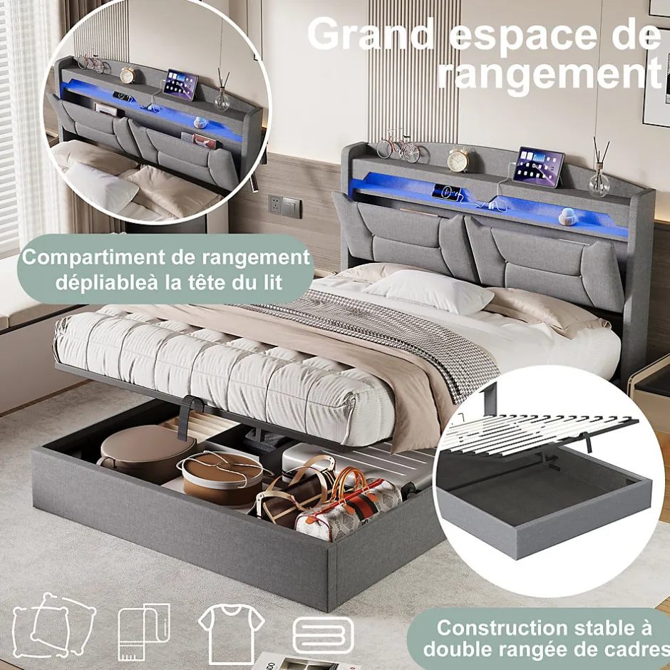 Fortuna lai Lit coffre 140x200cm avec LED et ports USB, tête de lit rembourrée et espace de rangement, gris, lin