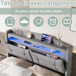 Fortuna lai Lit coffre 140x200cm avec LED et ports USB, tête de lit rembourrée et espace de rangement, gris, lin